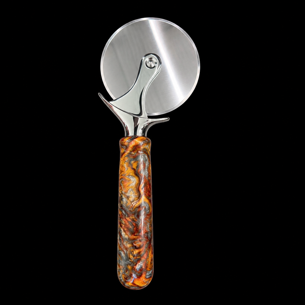 Fifth view of the Molten Lava pizza cutter showing its fiery swirled handle