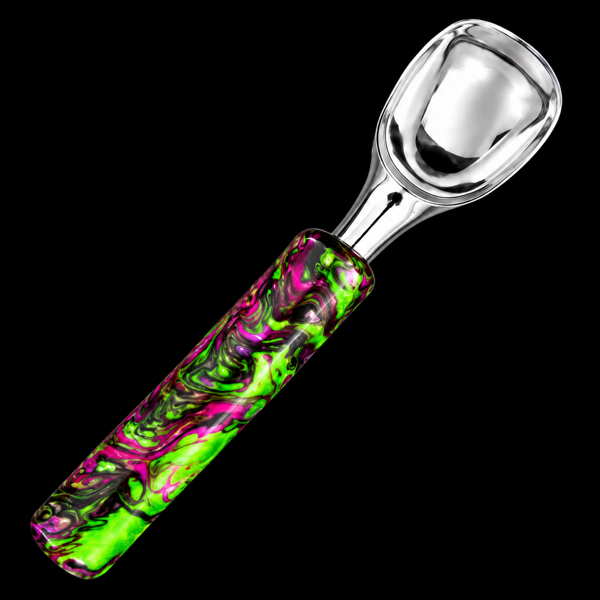 Large hand-turned ice cream scoop with a swirling Witches Brew resin handle by Sawdust Heaven