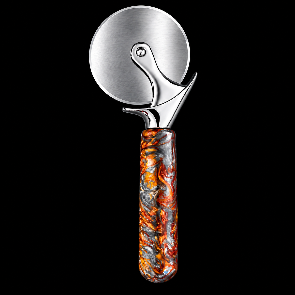 Final view of the one-of-a-kind Molten Lava pizza cutter by Sawdust Heaven