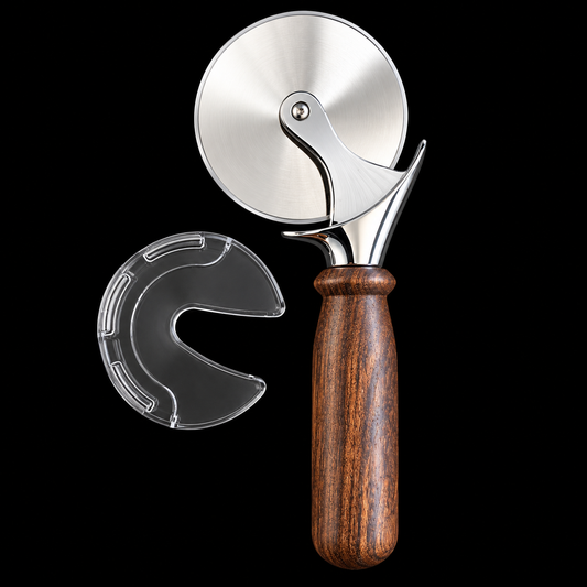 Pizza cutter with a golden-brown Shedua handle and 4 inch blade by Sawdust Heaven