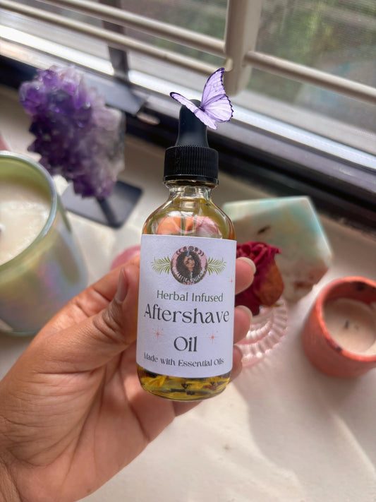Bottle of botanical aftershave oil blended with sweet almond, argan, olive oil and calendula by Holistic Unicorn