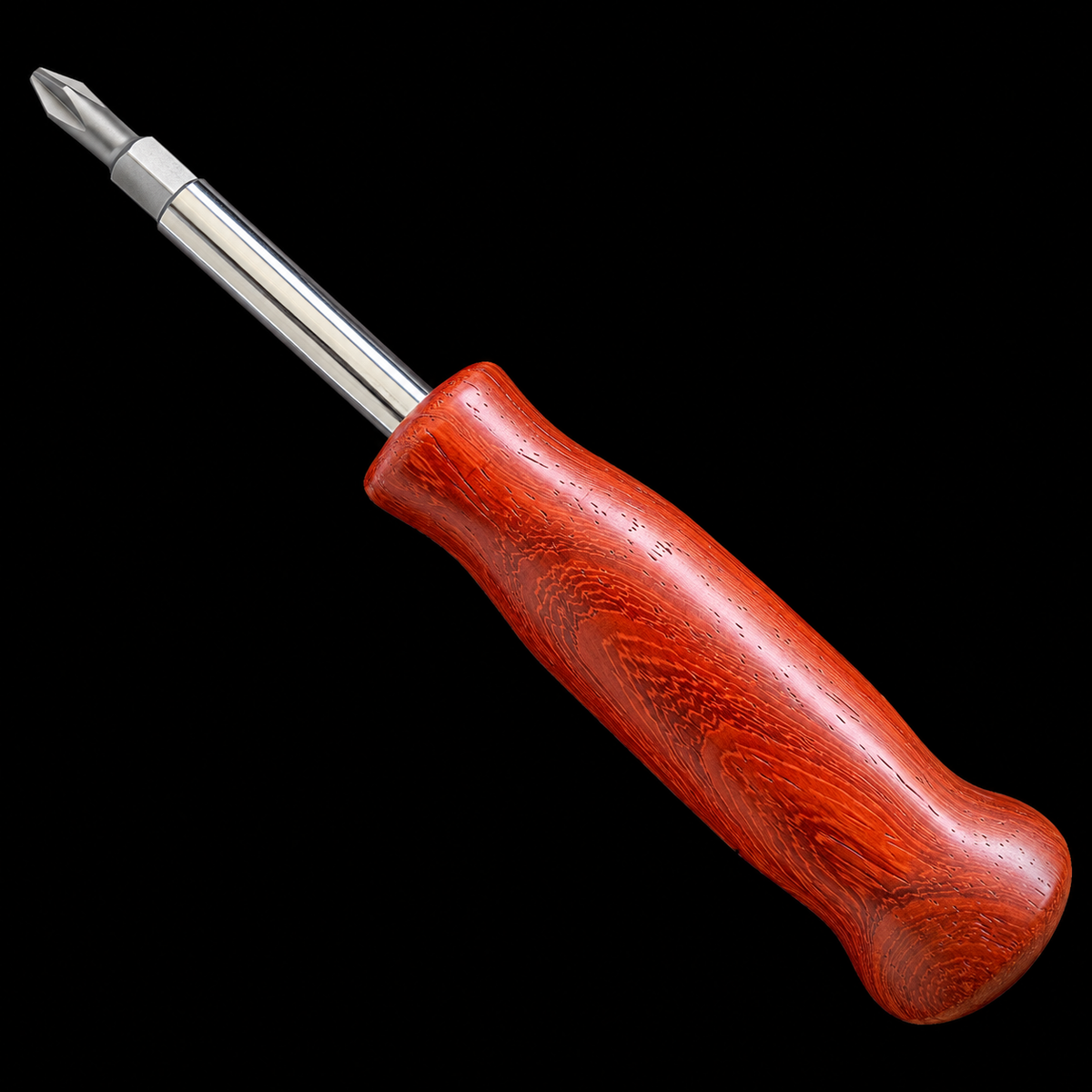 Four-in-one screwdriver with a tropical padauk handle, hand turned by Sawdust Heaven