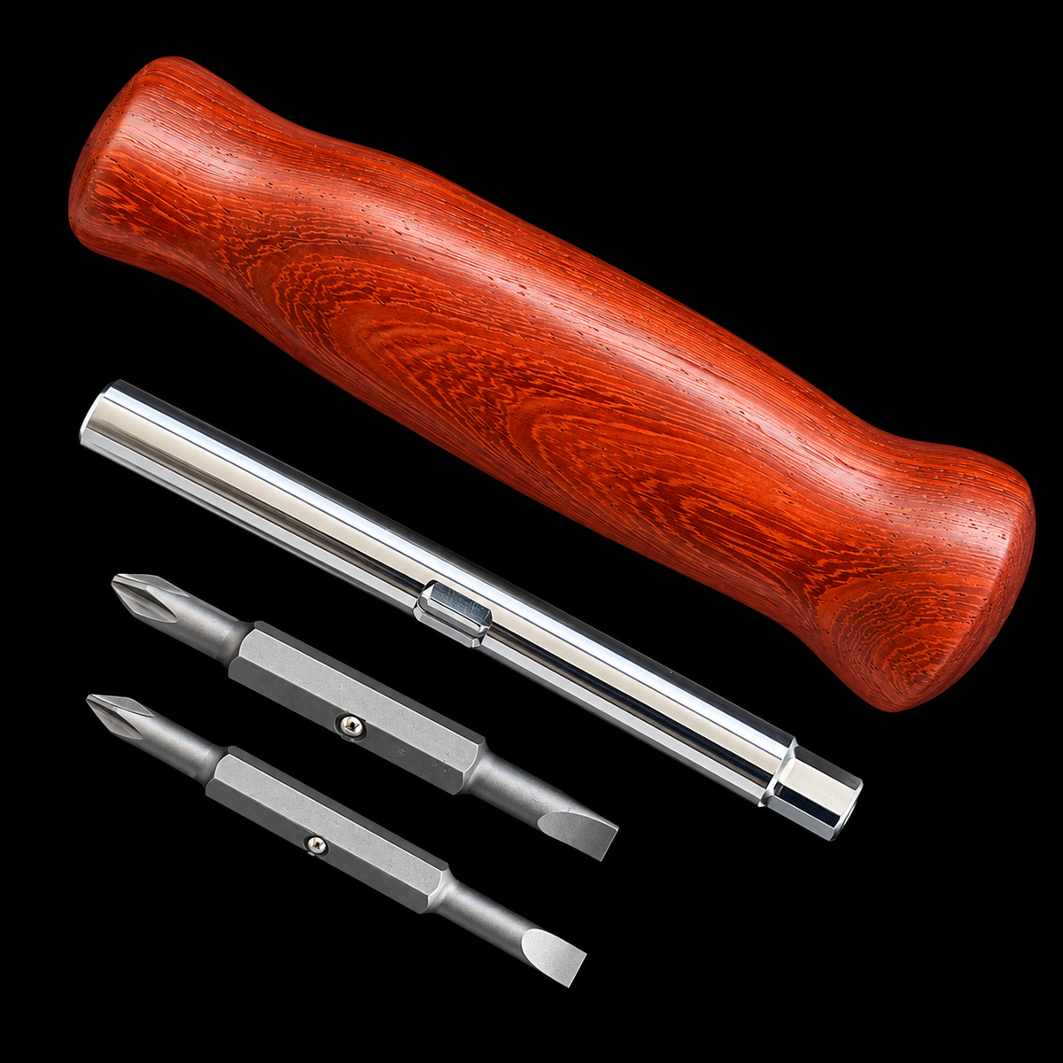 Second view of the padauk screwdriver and its four interchangeable bits