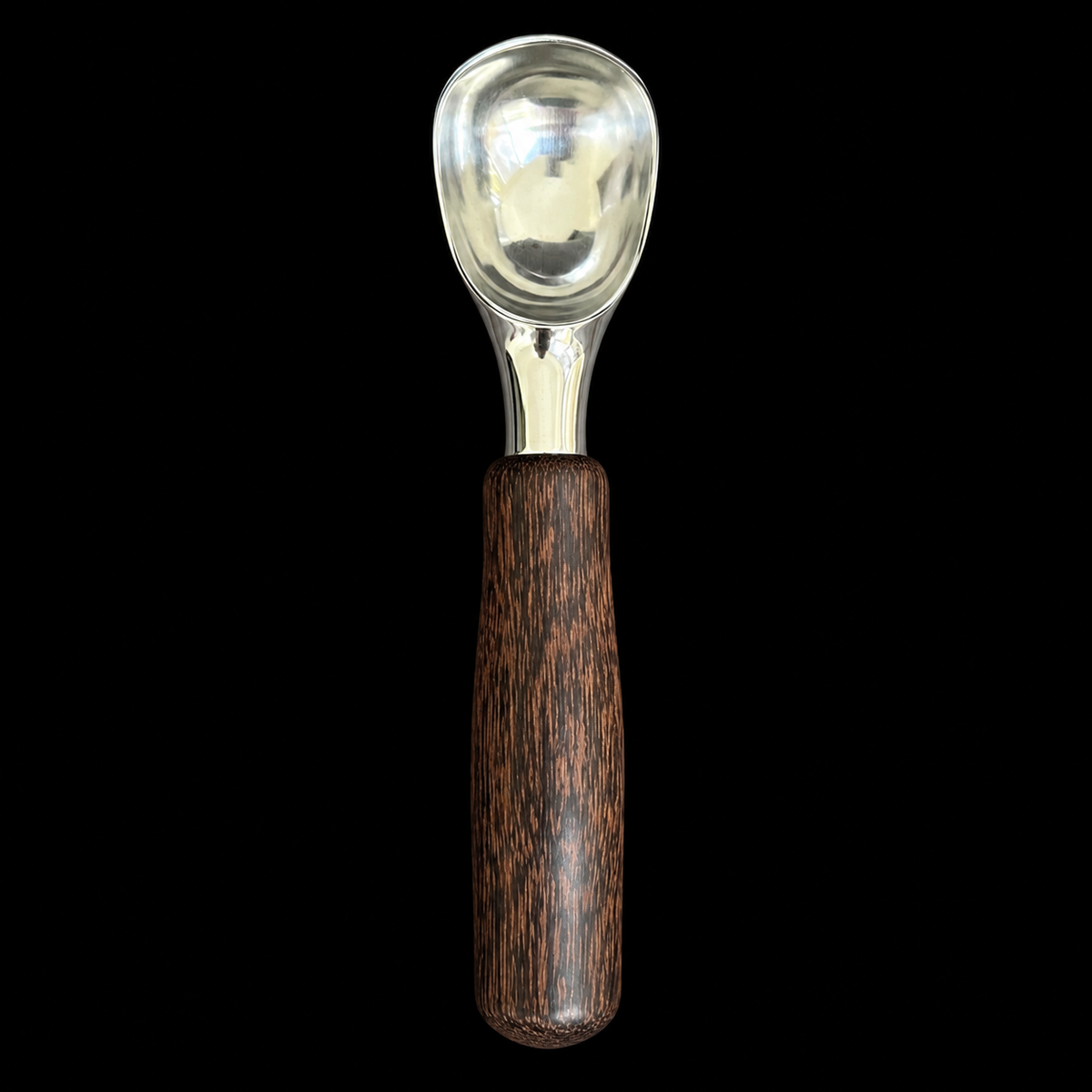 Large black palm ice cream scoop with high-contrast speckled grain by Sawdust Heaven