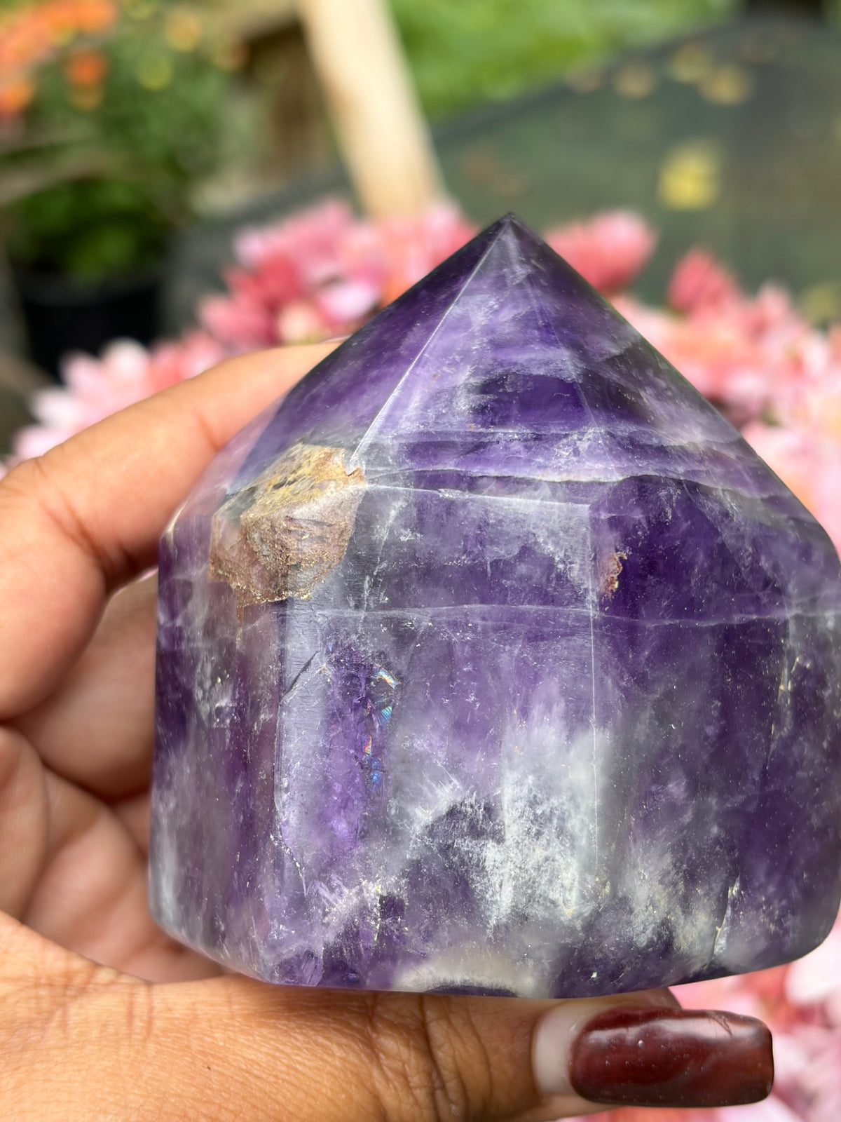 Chevron amethyst specimen from Zambia with zigzag bands of purple amethyst and smoky quartz, from Holistic Unicorn