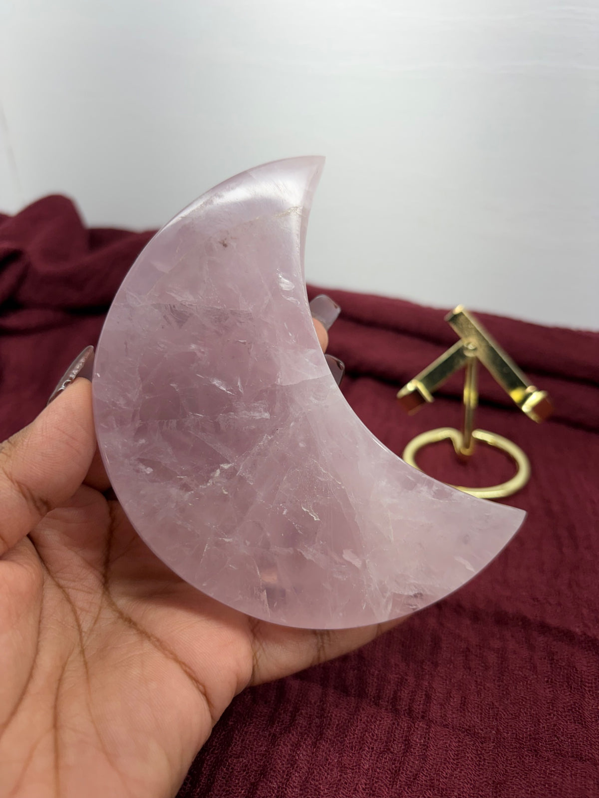 Pink rose quartz moon carving sold with a stand, a crystal for compassion and inner peace by Holistic Unicorn