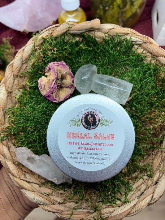 Tin of herbal salve made with calendula, plantain and yarrow for dry skin and small cuts, by Holistic Unicorn