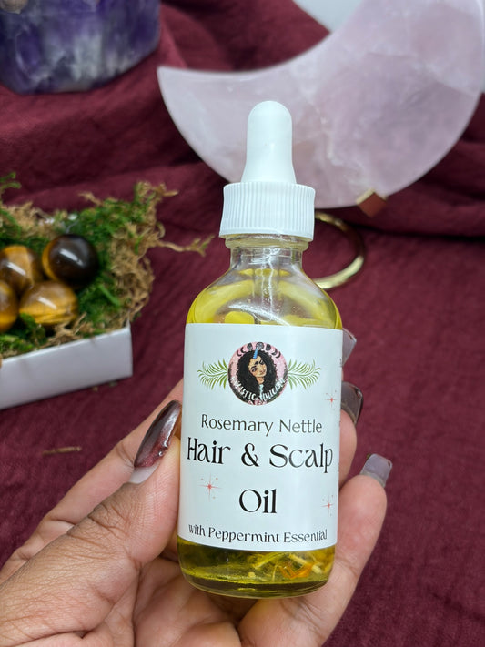 Bottle of rosemary and nettle hair and scalp oil blended with organic herbs by Holistic Unicorn