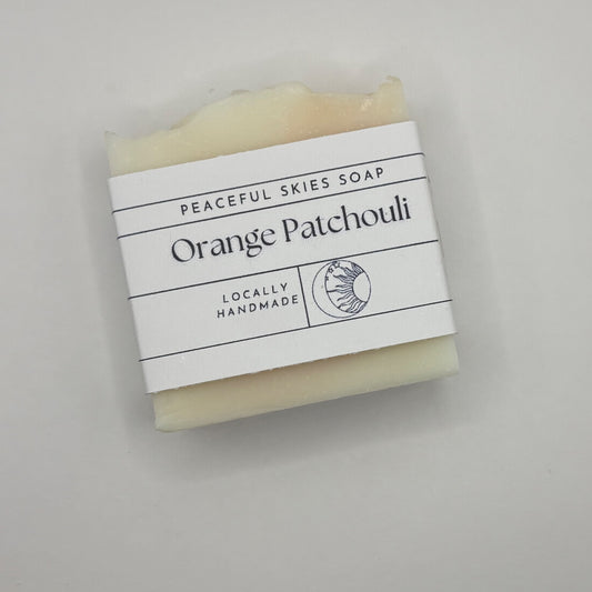 Handmade four ounce bar of orange patchouli soap by Peaceful Skies of York, Pennsylvania