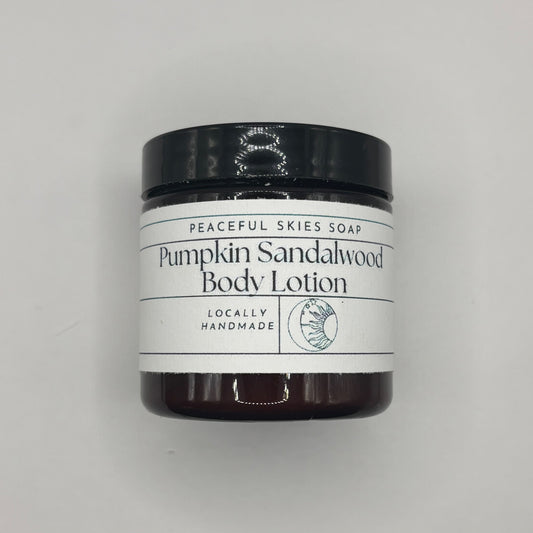 Bottle of pumpkin sandalwood body lotion handcrafted in York, Pennsylvania by Peaceful Skies