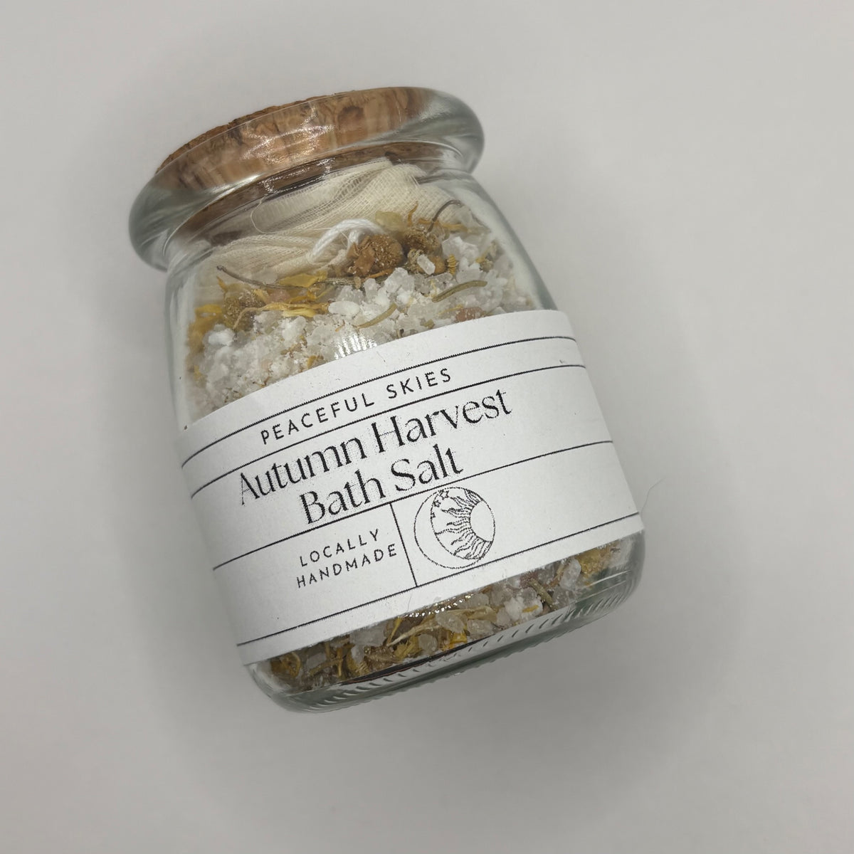 Jar of Autumn Harvest bath salts blended from natural minerals by Peaceful Skies