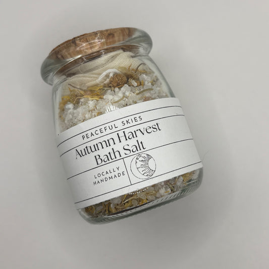 Jar of Autumn Harvest bath salts blended from natural minerals by Peaceful Skies