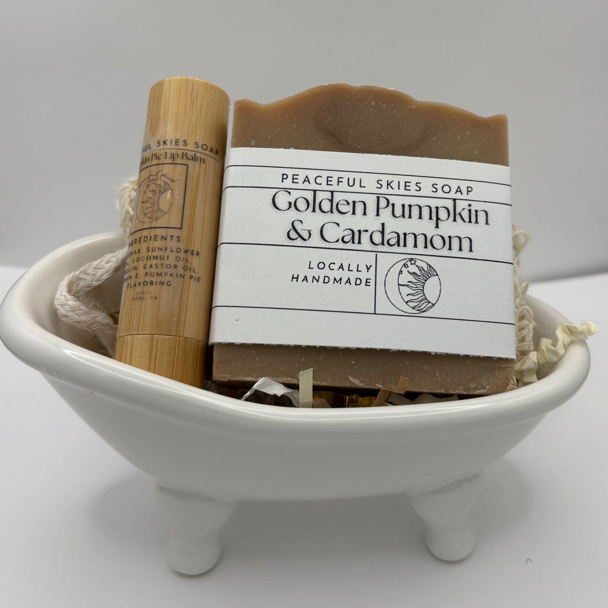 Golden Pumpkin and Cardamom soap gift set with lip balm and soap saver bag in a bathtub dish by Peaceful Skies