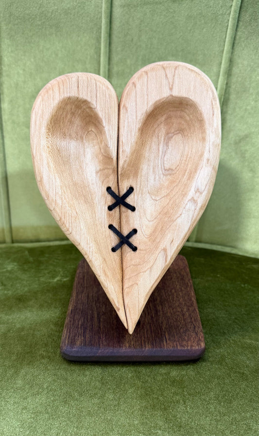 Carved maple heart on a mahogany stand, 7 inches tall, hand crafted by Tina of Sawdust Heaven