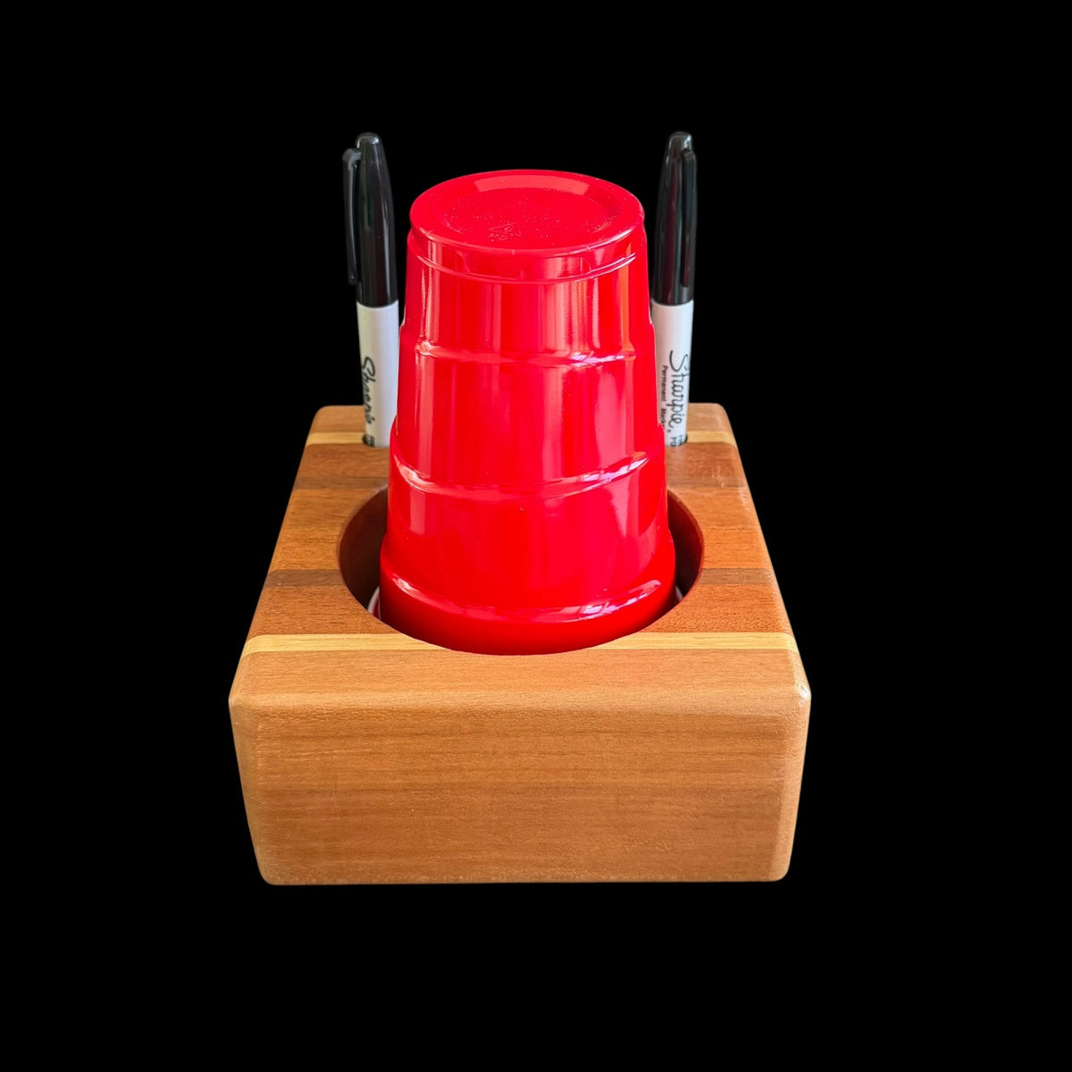 Party cup holder for 18 ounce cups made from oak, cherry, walnut and mahogany by Sawdust Heaven