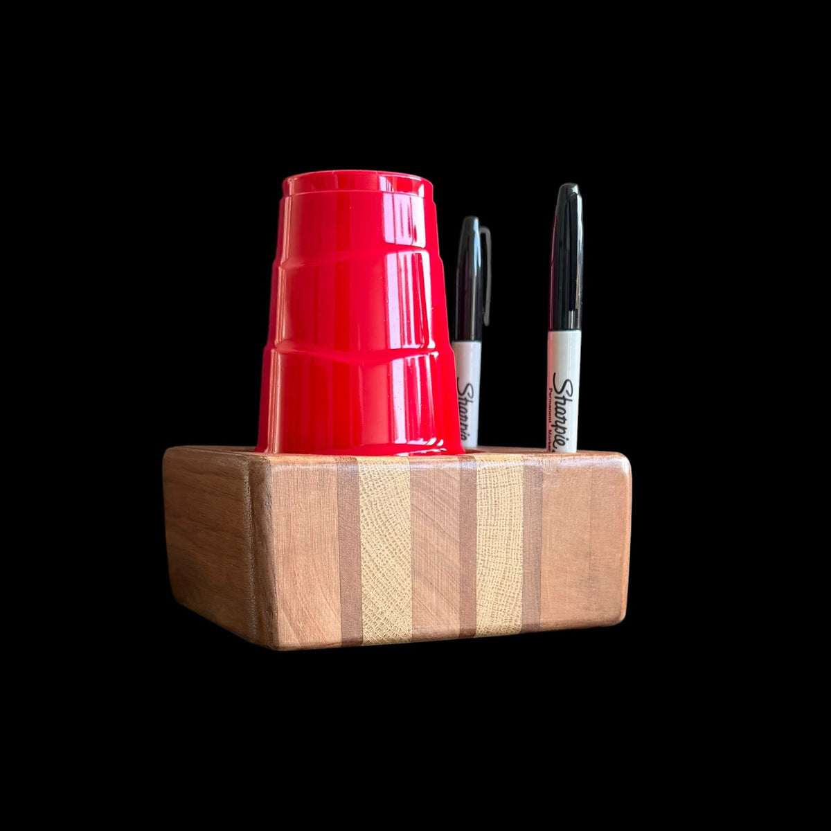 Second view of this layered hardwood party cup organizer from Sawdust Heaven