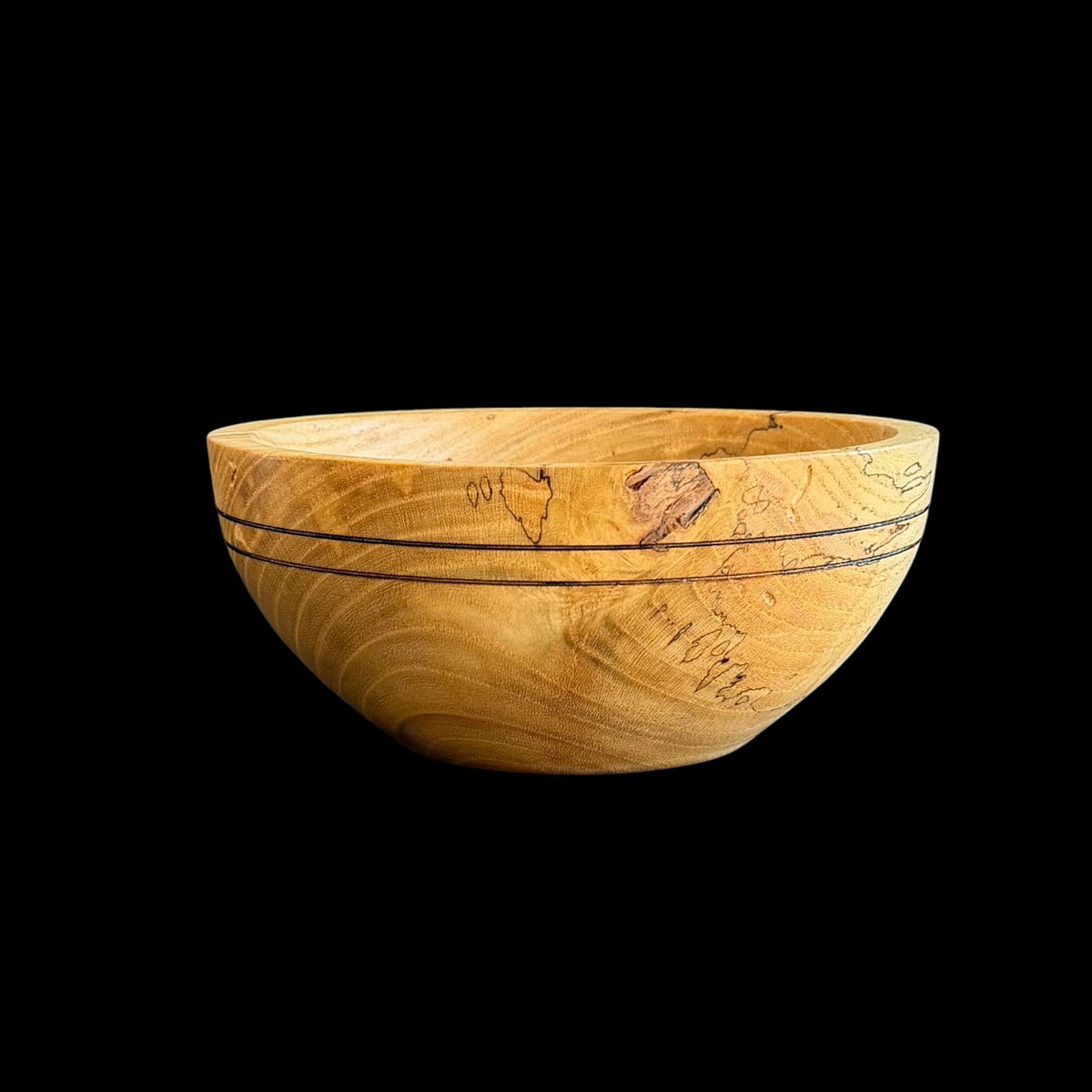 Hand-turned spalted maple bowl, 7 inches round by 3 inches tall, by Sawdust Heaven