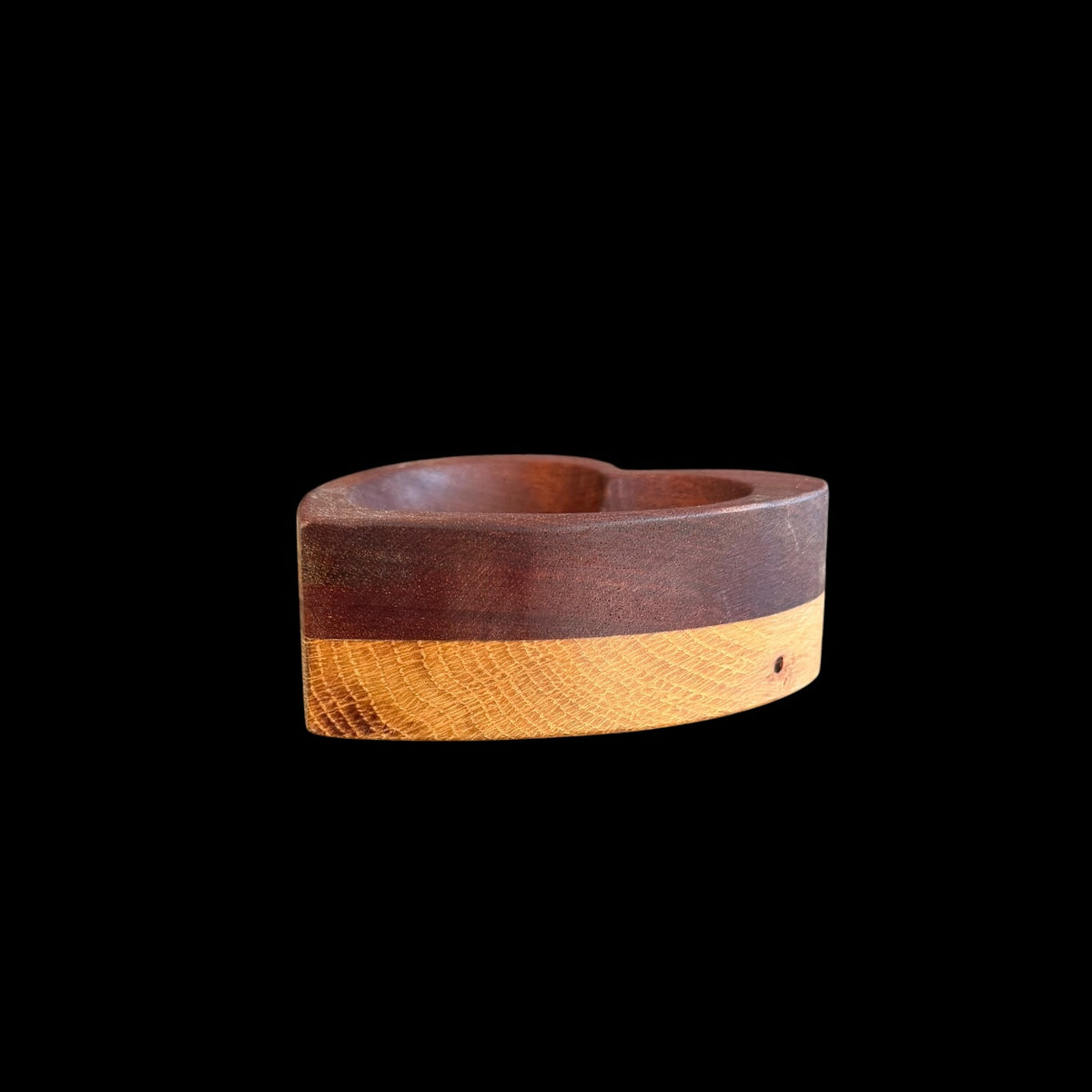 Second view of the layered mahogany and oak heart dish, 4 inches square