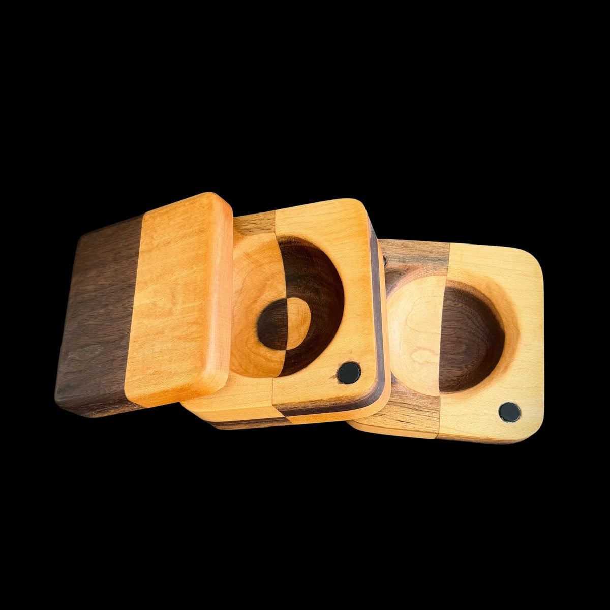 Second view of the magnetic maple and walnut box opened into two sections