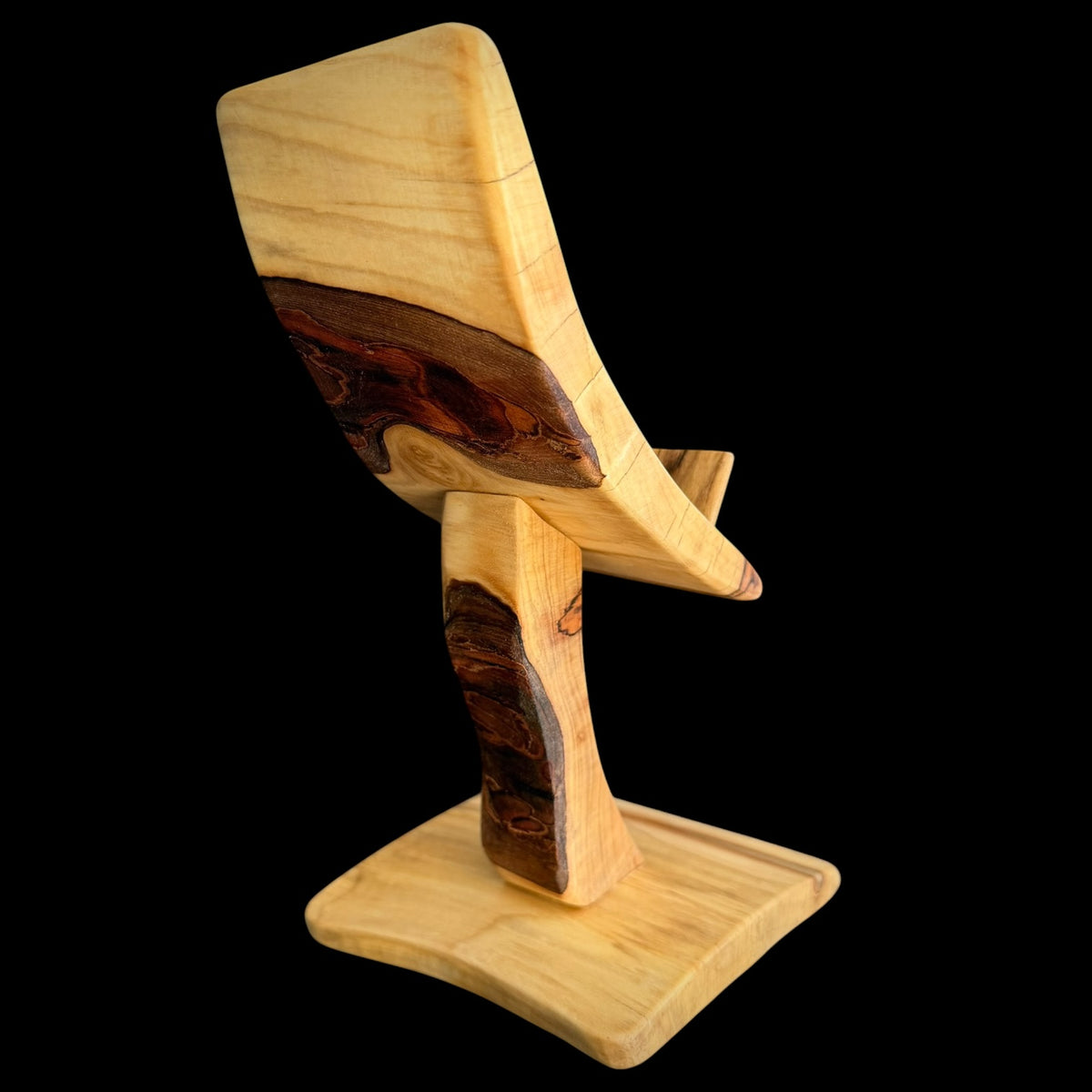 Second view of the spalted maple phone stand showing its smooth pale grain front