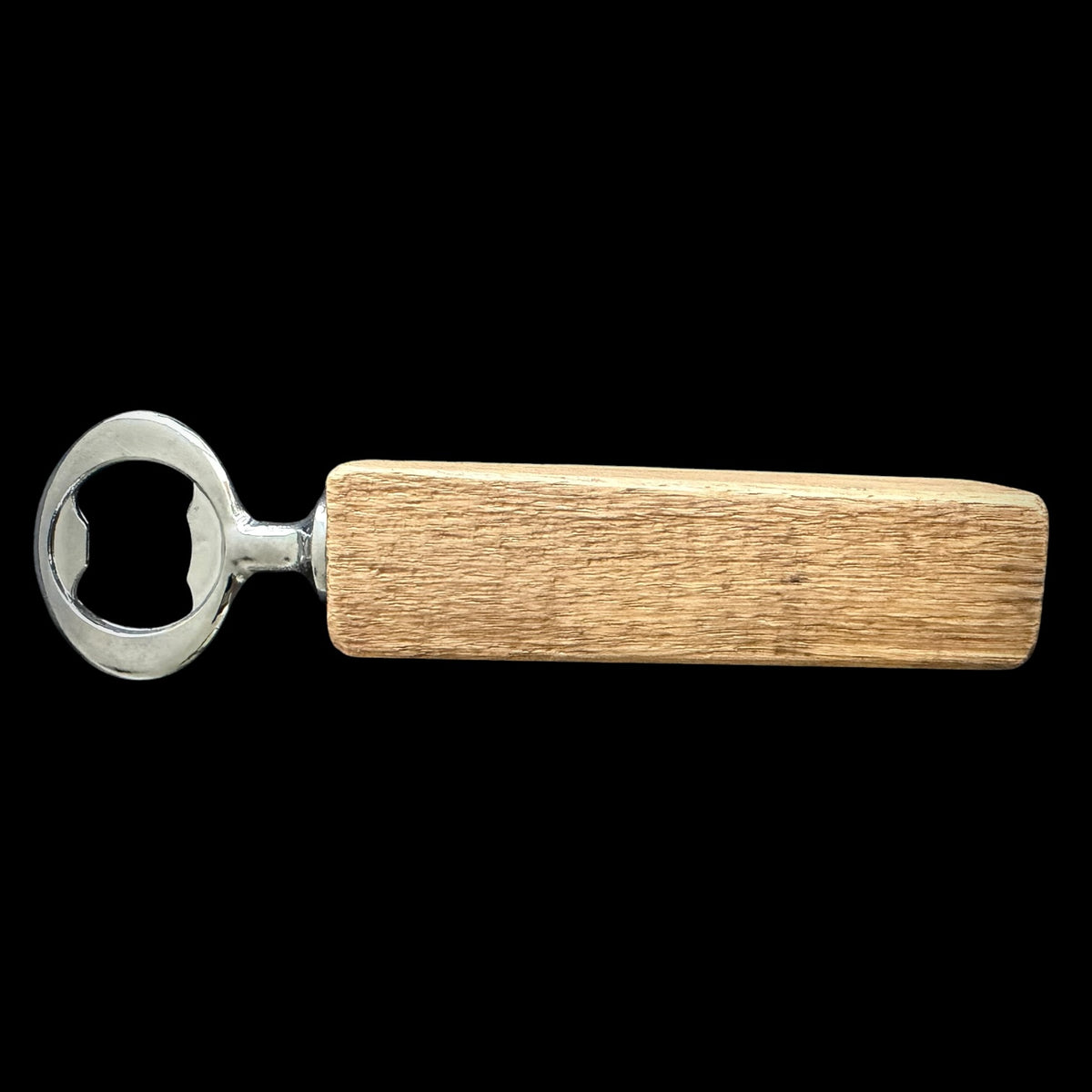 Second view of the whiskey stave bottle opener showing its natural oak grain