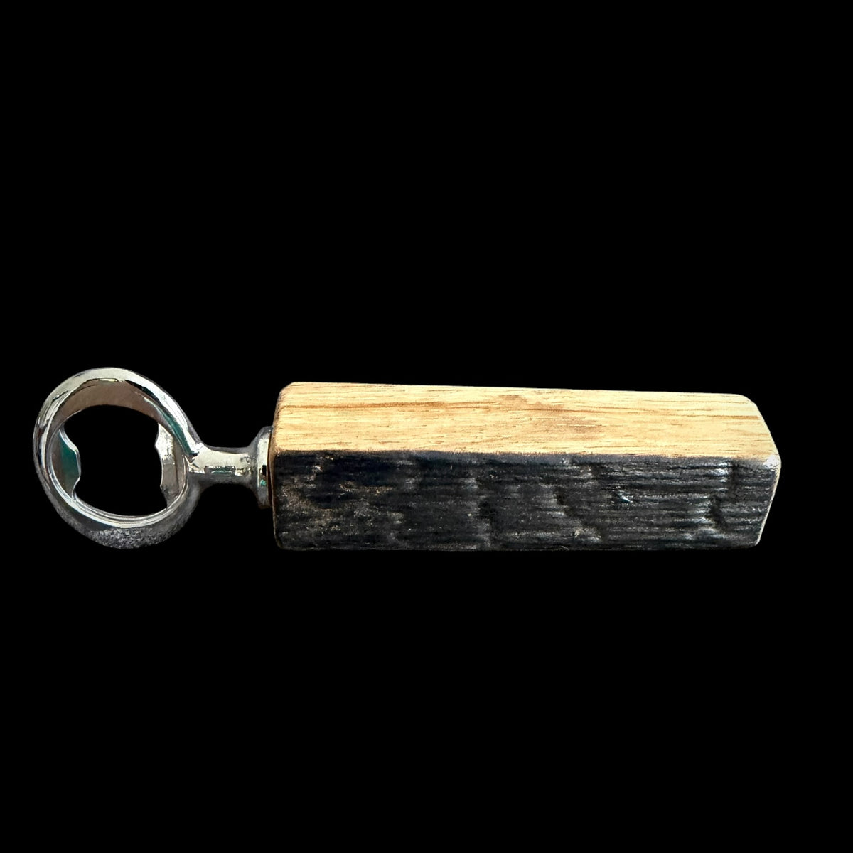 Third view of the whiskey barrel stave bottle opener, 6 inches end to end