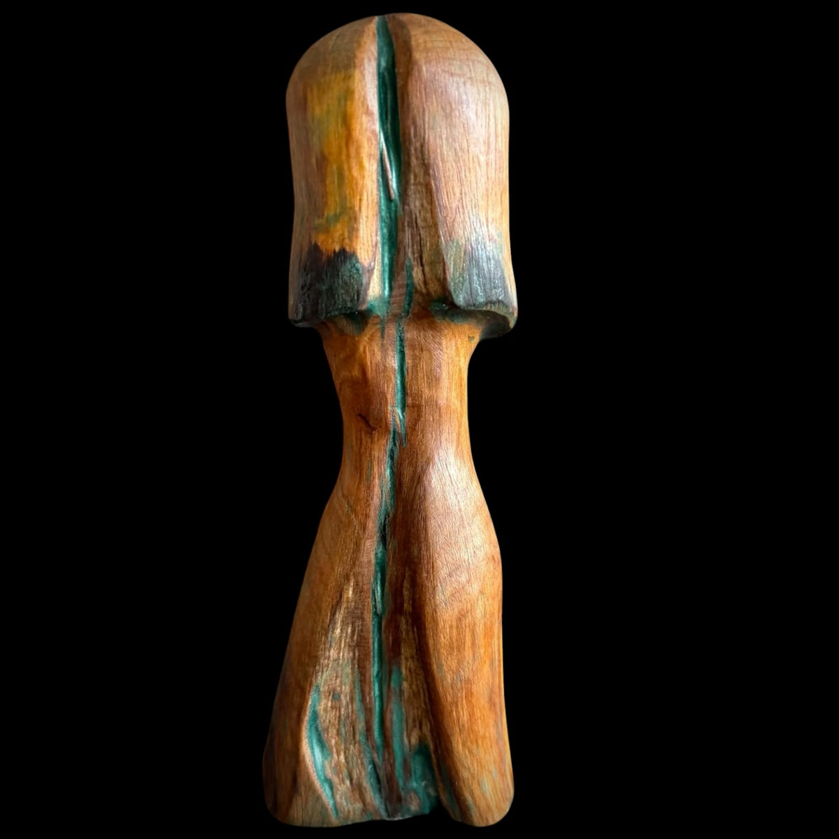 Cherry wood mushroom with a moss green resin inlay and rustic bark accents, carved by Tina