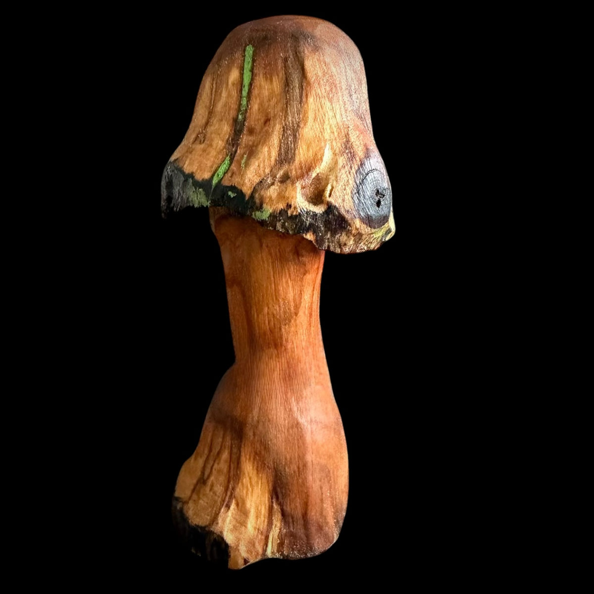 Five inch applewood mushroom with a vivid moss green resin inlay running through the grain, by Tina