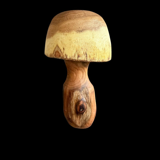 Seven inch carved birch mushroom with a natural knot and dark resin inlay by Sawdust Heaven