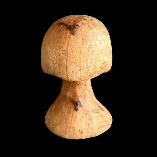 Chunky mini cherry wood mushroom with golden-red tones and dark character marks by Tina