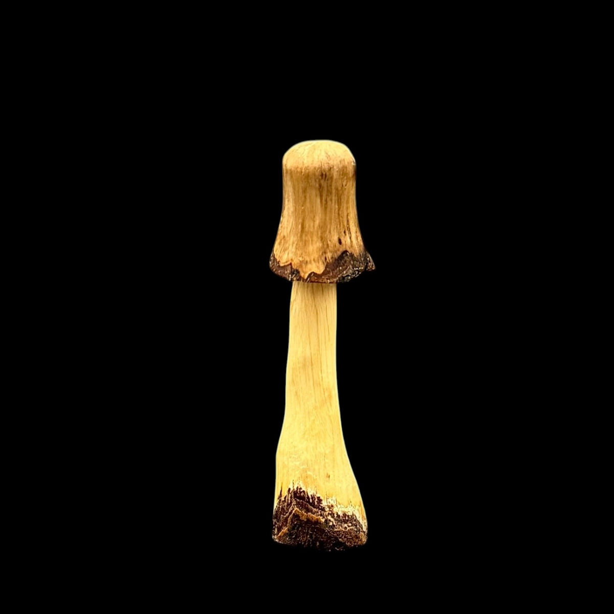 Dainty 3.5 inch birch mushroom with bands of natural bark across the cap, carved by Tina