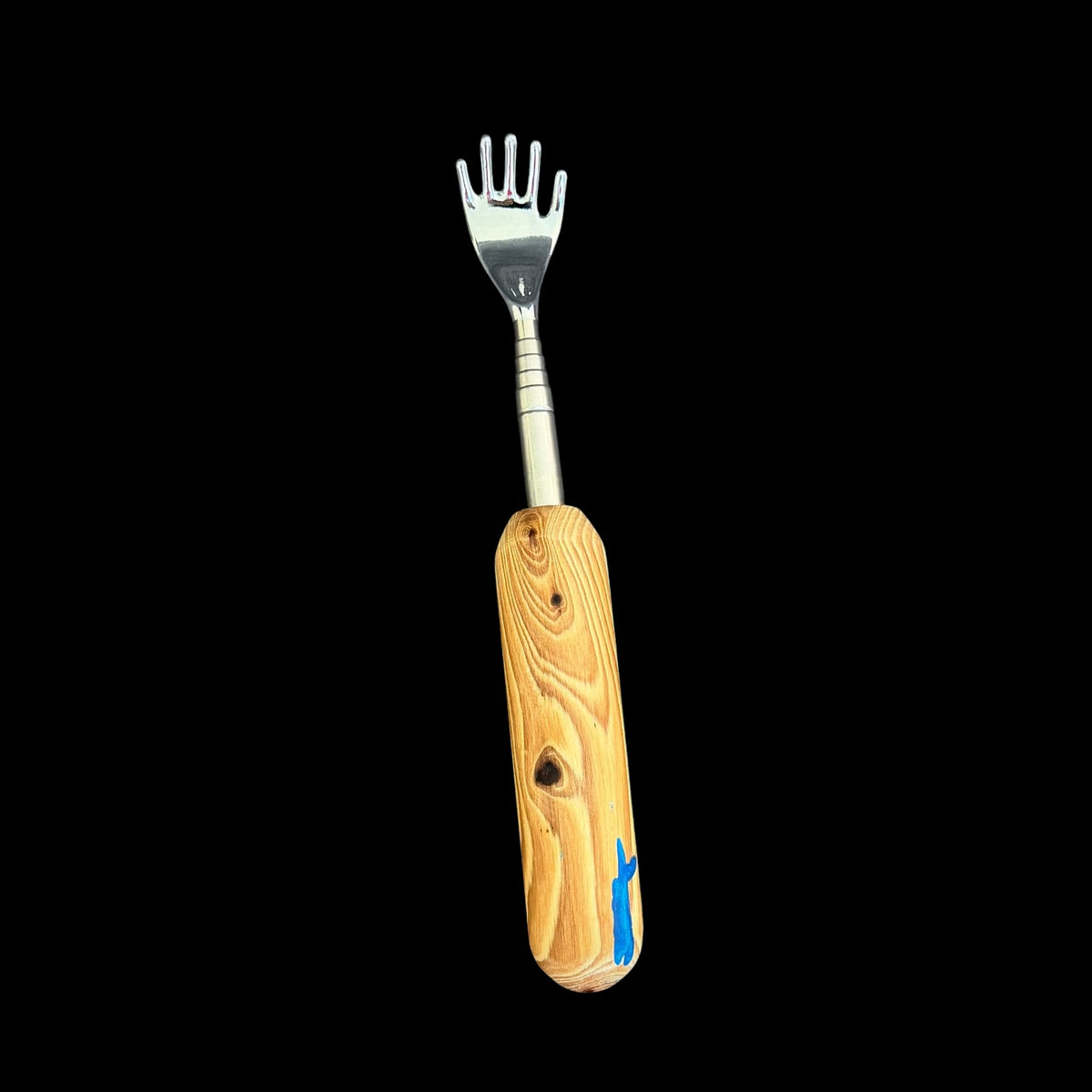 Hickory telescoping backscratcher with blue resin accents, 26 inch reach, by Sawdust Heaven