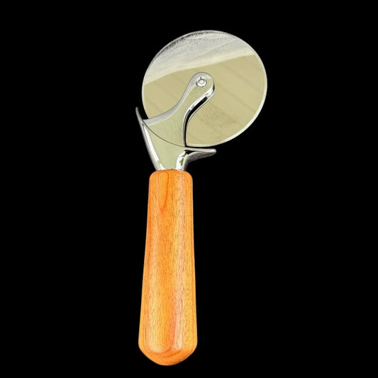 Red Canary wood pizza cutter with warm red and golden grain, handcrafted by Brian