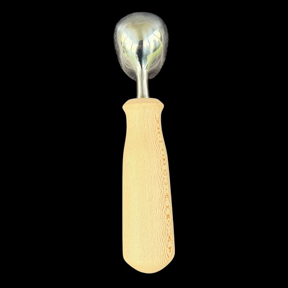 Second view of the hand-turned sycamore ice cream scoop from Sawdust Heaven