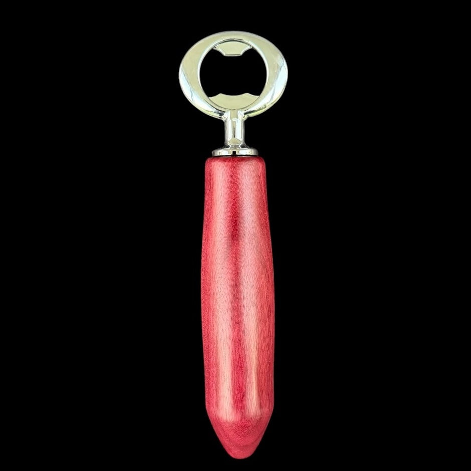 Fourth view of the hand-turned purpleheart bottle opener from Sawdust Heaven