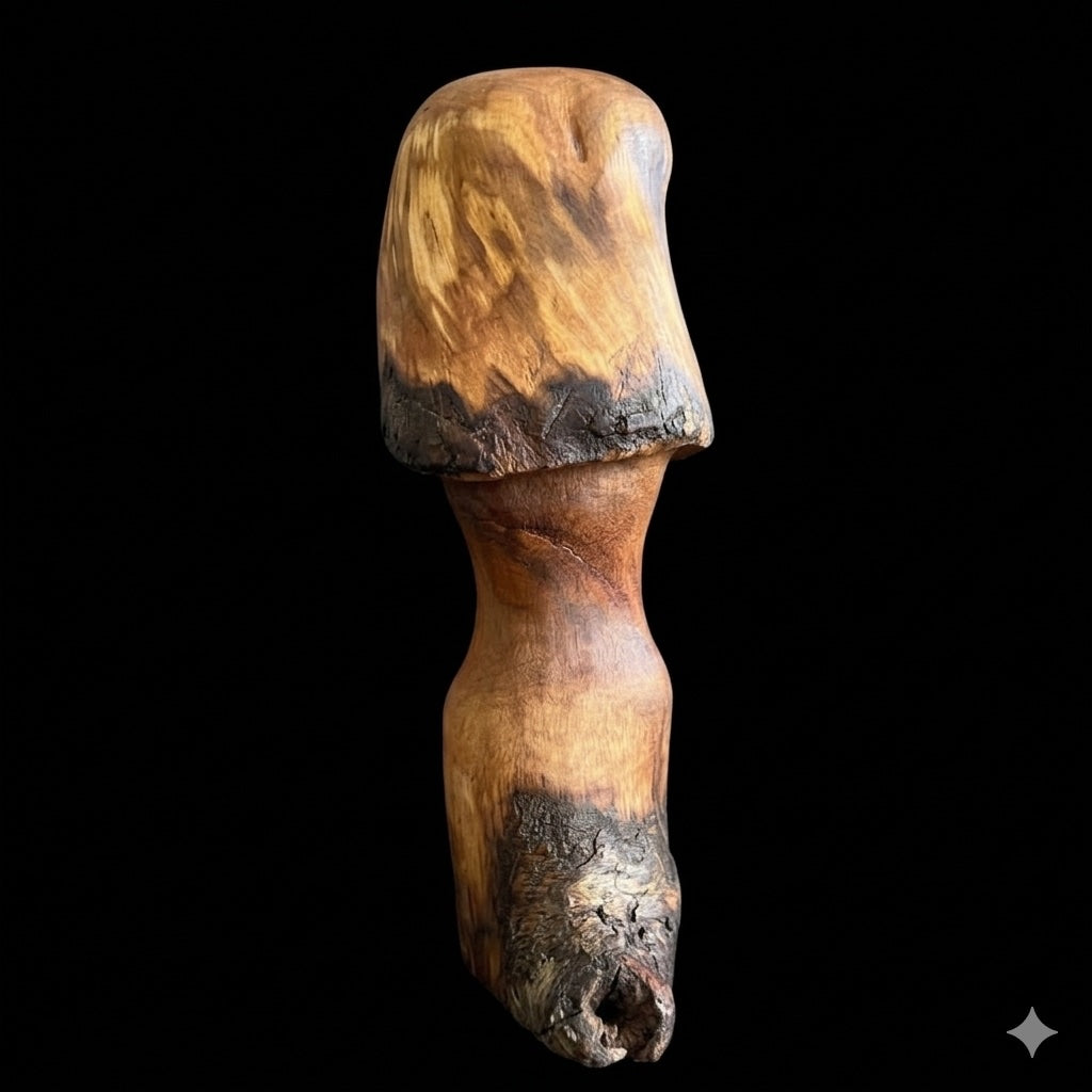 Seven inch cherry wood mushroom sculpture with a dark live-edge rim, carved by Tina