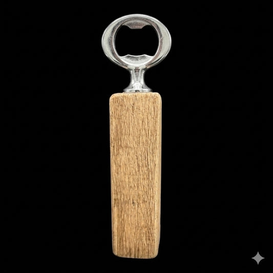 Bottle opener handcrafted from a reclaimed oak whiskey barrel stave by Sawdust Heaven