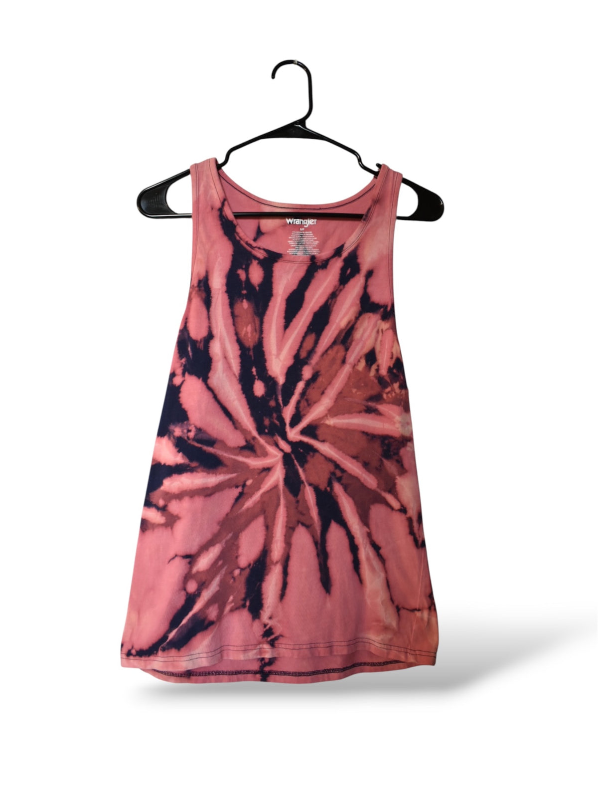 Upcycled women's cut tank top hand bleach-dyed in a pattern design by Relax And Dream, size small