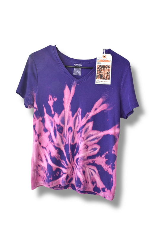 Small women's cut t-shirt with a hand bleach-dyed pattern, upcycled by Relax And Dream