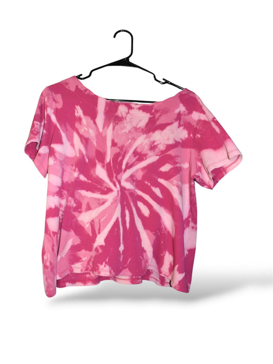 Large women's cut upcycled t-shirt in a bleach-dyed pattern by Relax And Dream