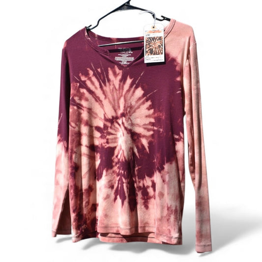 XL women's cut long sleeve top with a bleach pattern dye by Relax And Dream
