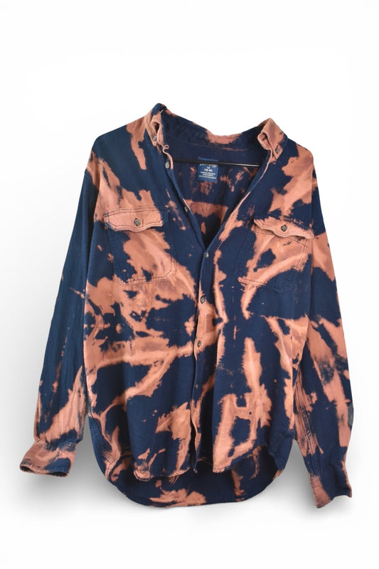 Men's cut medium long sleeve shirt, upcycled and bleach-dyed by Relax And Dream