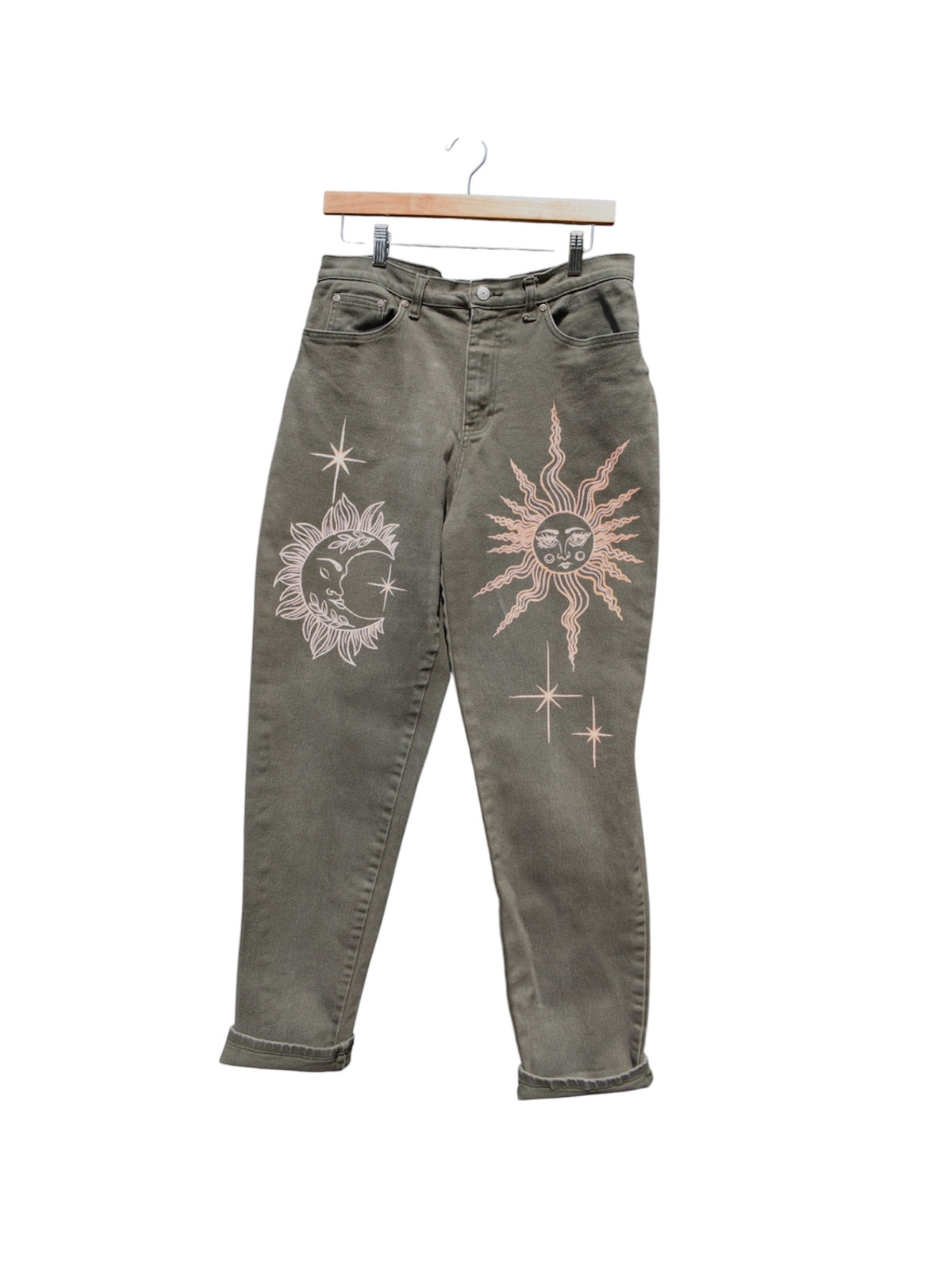 Women's size 14 tall jeans hand painted with the Celestial design by Relax And Dream