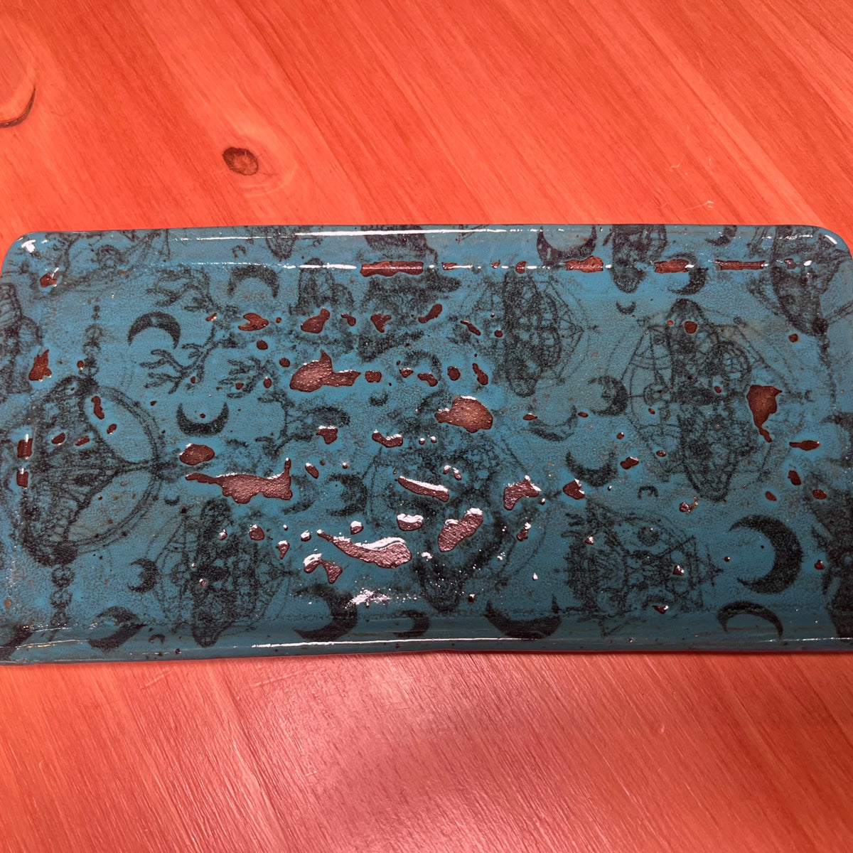 Handmade deep teal ceramic serving tray with moth motif, about 10.5 inches wide, by ABeYOUtifulMind