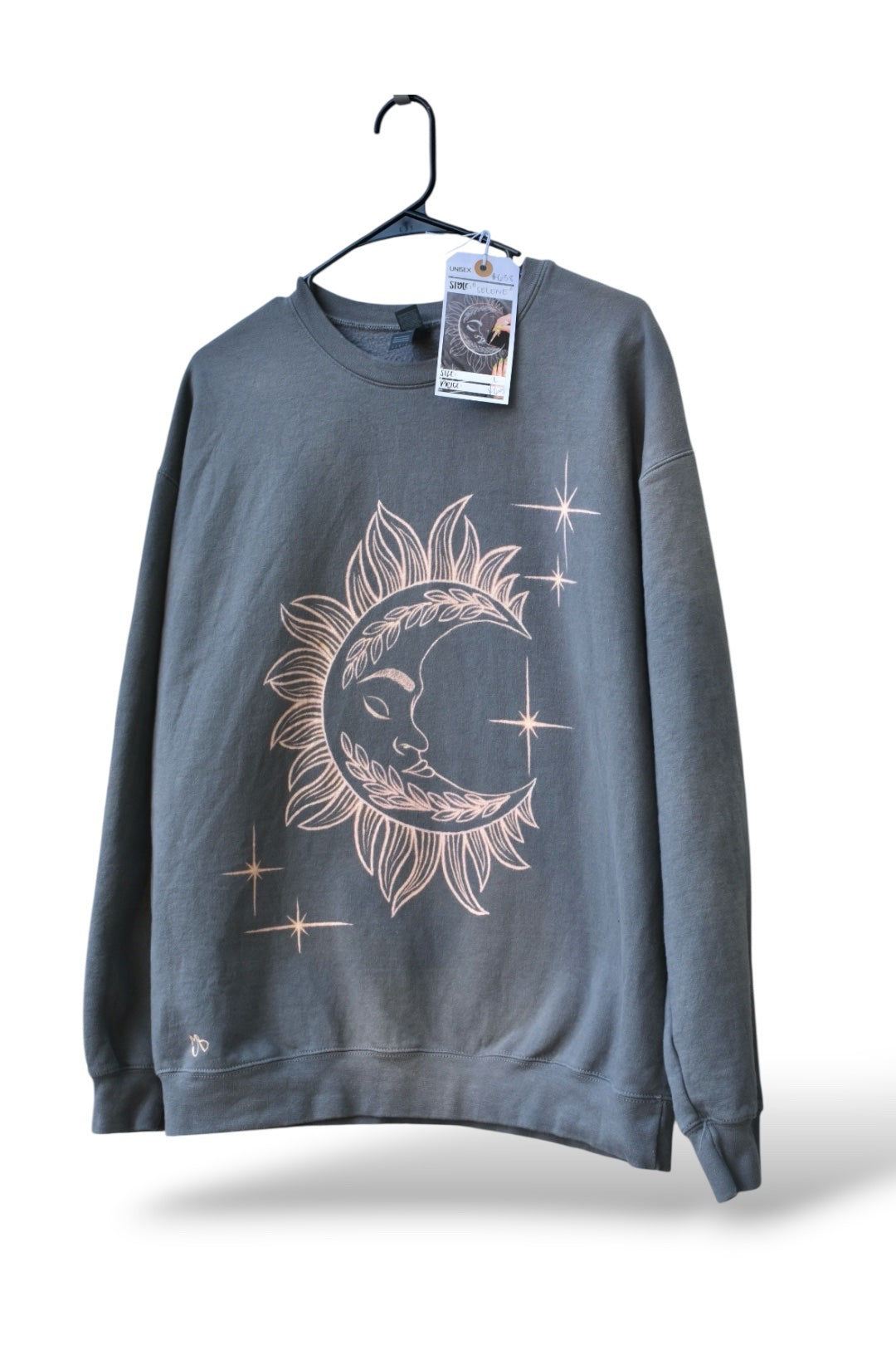Large unisex crewneck sweatshirt with the hand-painted Selene design, upcycled by Relax And Dream