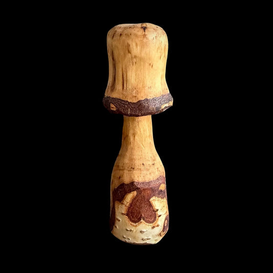 Five inch birch mushroom with a heart-shaped patch of bark on its base, carved by Tina