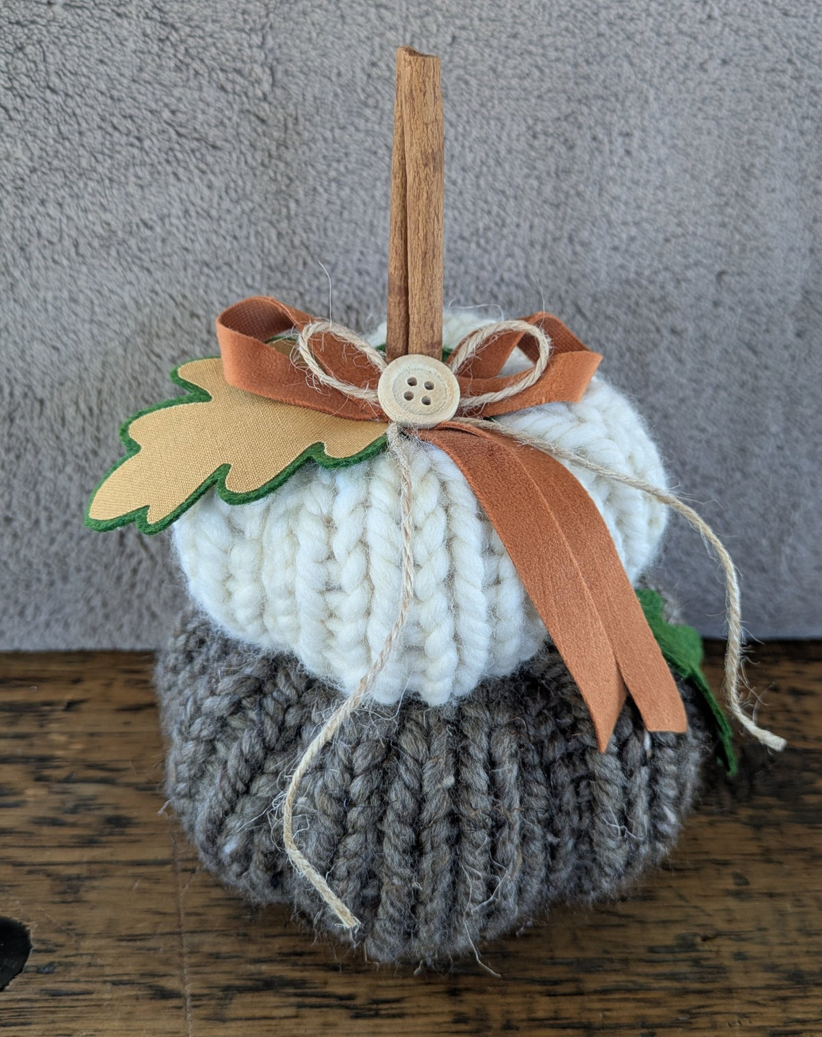 Hand-knit pumpkin decoration for cozy fall decorating by Jaimee Crash Art