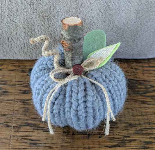 Small hand-knit pumpkin decoration for autumn styling by Jaimee Crash Art