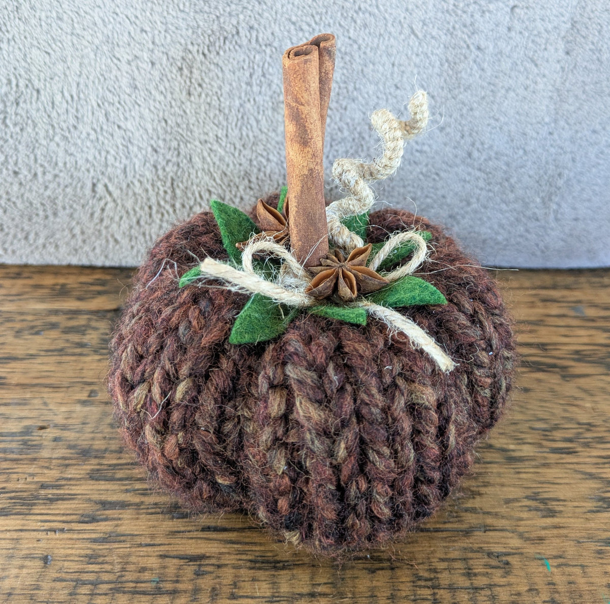 Further view of the knitted pumpkin autumn decorations by Jaimee Crash Art