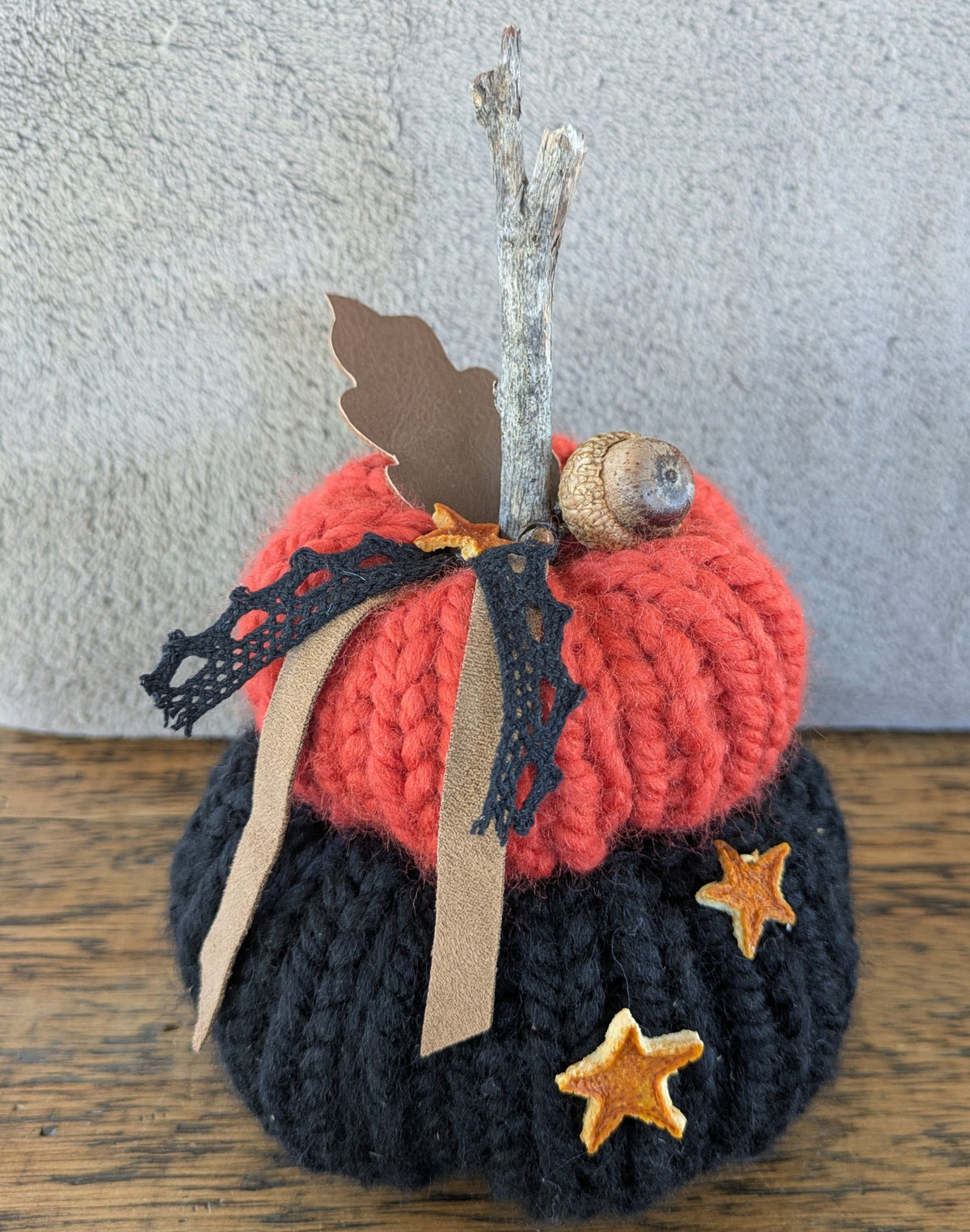 Another knitted pumpkin decoration handmade by Jaimee Crash Art